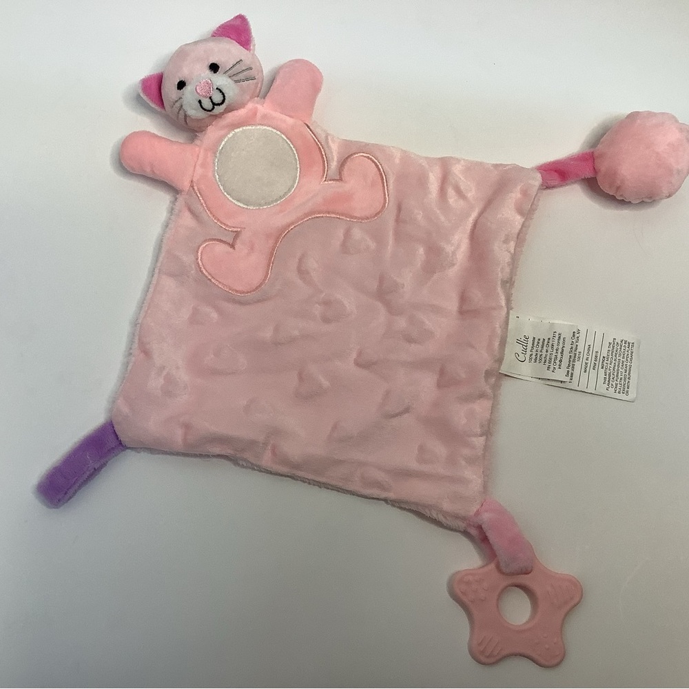 Cudlie Cat Kitten Lovey Security Blanket Pink Crinkle Pacifier Holder Teether